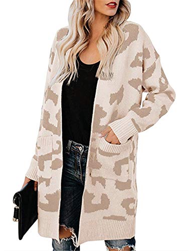 Dreamskull Chaqueta de Punto para Mujer Cardigan Grob Strick Jacken Abrigo Largo de Punto Grueso Abrigo de Punto con Bolsillos Leopard patrón Caliente Invierno Locker Mujeres Hell Khaki M Cover