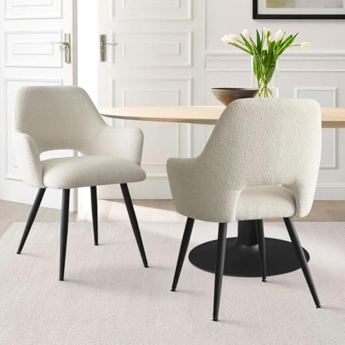 Image of Finch Fox Motel Luxurious Home Collection Upholstery Boucle Fabric Arm Dining Room Chairs in Cream Color with Black Metal Powder Coated Legs (Set of 2)