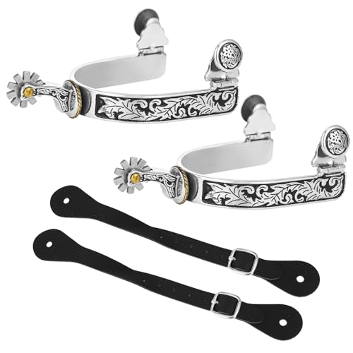 Anjetan 1 Pair Western Cowboy Spurs with Belts, Horse Spurs for Men, Stainless Steel Spurs with Engraved Pattern and 2 Adjustable Leather Straps, Classic Roping Boot Spurs for Training, Riding