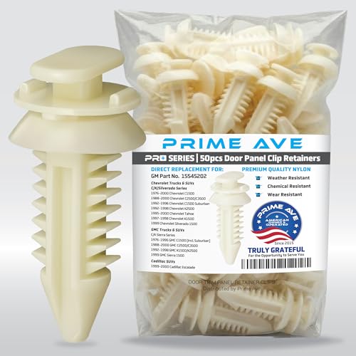 Prime Ave 50pcs Door Panel Clips Retainers Pro Grade Nylon Push Clips– GM 15545202 Rivet Fasteners Compatible with Chevrolet Chevy GMC Trucks & SUV Interior Trim, Door Card, Panels, Moldings & More