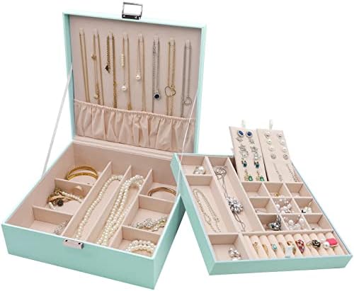 Procase Jewellery Box Organiser for Necklace Earrings Bracelets Rings Accessories, Large PU Leather Jewelry Storage Case Organizer with Double Stackable Layer, Gifts for Women Girls -Black