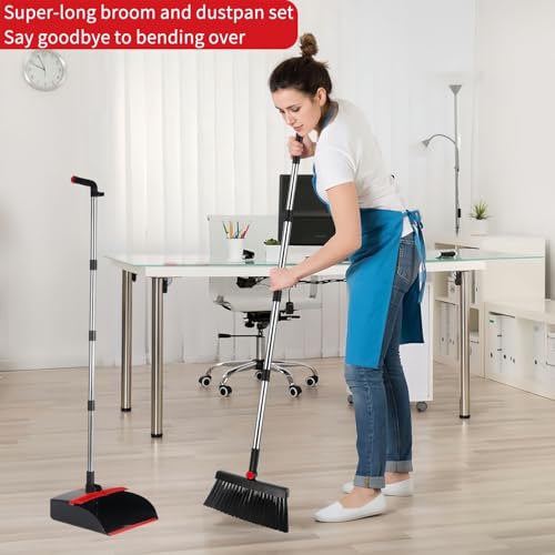 Image of Broom and Dustpan Set, Long Handle 180 Rotating Stand-Up Dustpan & Comb Teeth - Lightweight Sweeping Combo for Home, Office, Kitchen, Lobby Floors