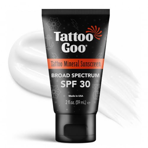 Tattoo Goo Zinc Oxide Mineral Sunscreen SPF 30 – Broad Spectrum UVA/UVB Protection, Tattoo Fade Shield, Non-Greasy, Fragrance-Free, 2 fl oz