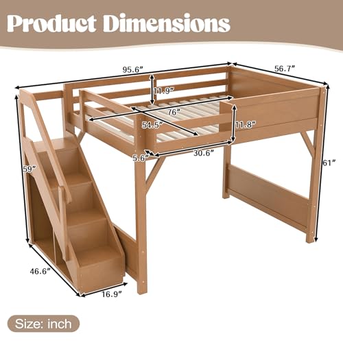 Image of KEIKI Solid Wood Full Size Loft Bed Frame with Stairs Built-in Wardrobe | Full Size Loft Bed with Storage Shelves, Full-length Guardrails, No Box Spring Needed for Bedroom, Dorm, Antique Natural