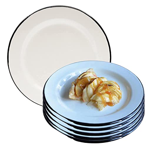 Tablecraft Enamelware Collection Black Rim Solid White Enamel Dinner Plate, Dinnerware For Camping, Farmhouse, Home & Restaurant, Porcelain Over Steel Classic, Vintage, Boho, Retro, 10", Set Of 6 #TOP12