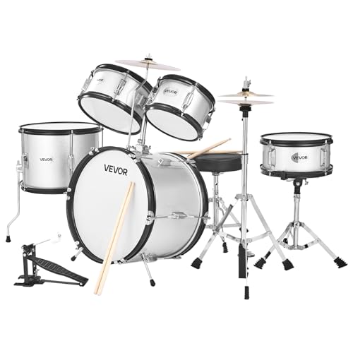VEVOR Kids Drum Set, 5-Piece 16 in Junior Drum Sets, Beginner Drums Set with Adjustable Throne, Cymbal & Two Pairs of Drumsticks, Musical Learning Drums Instrument Kit, for Children Ages 6-13(Silver) by VEVOR - Used condition - US$148.51