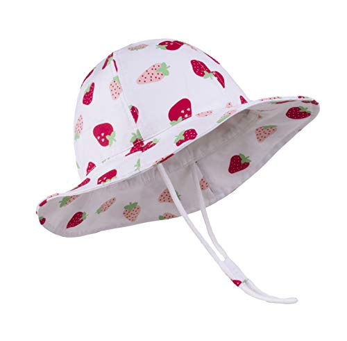 Juenier Baby Sun Protection Hat Wide Brim Summer Bucket Hats Toddler Beach Hat For Boy Girl Adjustable Kid Cap(White Strawberry,L:2T-4T(52Cm /20.5")) #TOP1