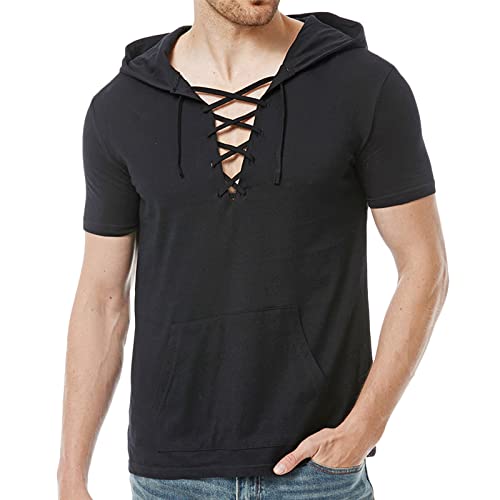 Cambkatl Men Short Sleeve Hoodies Fashion Lace Up Pullover Hooded Tee Shirts Summer Casual Lightweight Sweatshirts