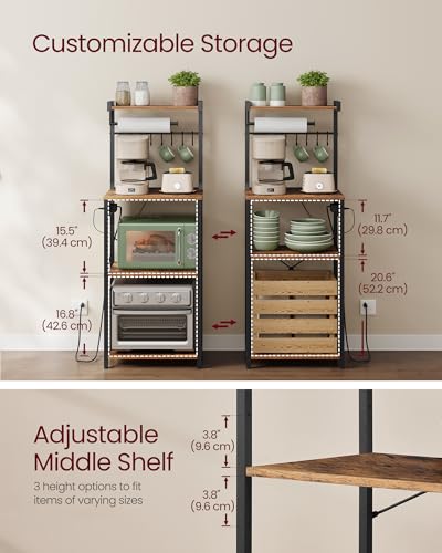 Image of VASAGLE BARNET Collection - Kitchen Bakers Rack with Power Outlet, 17.7-Inch Wide Coffee Bar 4-Tier with 8 S Hooks, Modern Microwave Stand, Adjustable Shelf, Rustic Brown and Ink Black UKKS013KD01