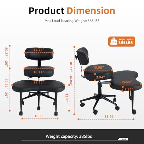 Image of DUMOS Ergonomic ADHD Cross Legged Office Desk Chair with Adjustable Backrest, Height Adjustbale Meditation Chair with 360 Swivel Footstool, PU Leather Yoga Stool for Home Office, Black