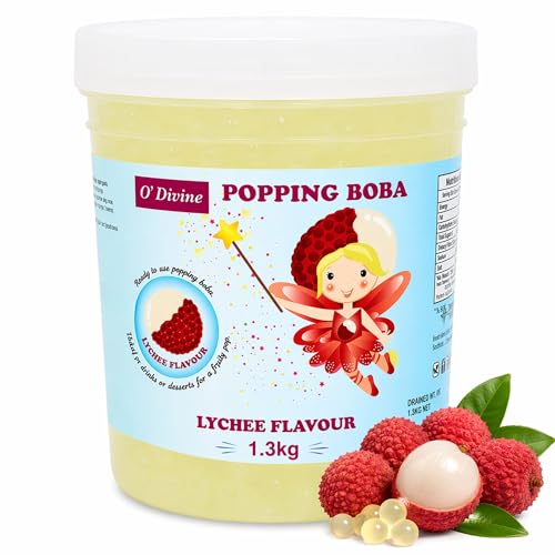 ODivine Popping Boba 1.3kg Lychee Flavour Ready to Use Fruit Popping Pearls for Bubble Tea Drinks Desserts & Cocktails