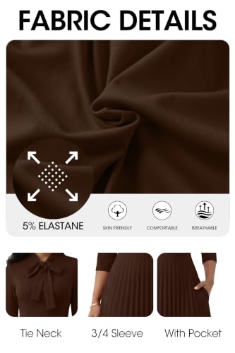 Image of FANDEE Maxi Dress for Women Formal 3 /4 Sleeve Pleated Empire Long Dress Semi Formal Tie Neck Office Work Dresses