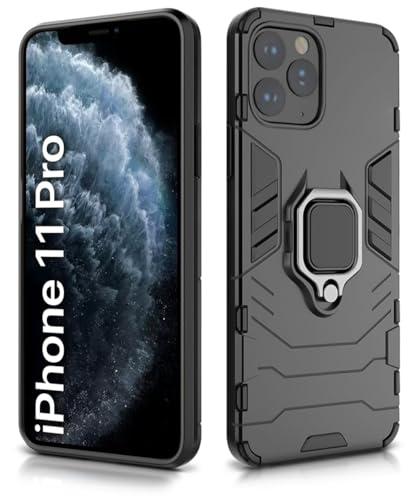 Image of WOW IMAGINE Shock Proof Back Case Mobile Cover Compatible with Apple iPhone 11 Pro (5.8-inch) (Armor | Hybrid PC + TPU | Full Protection with Ring Holder Kickstand | Carbon Black)