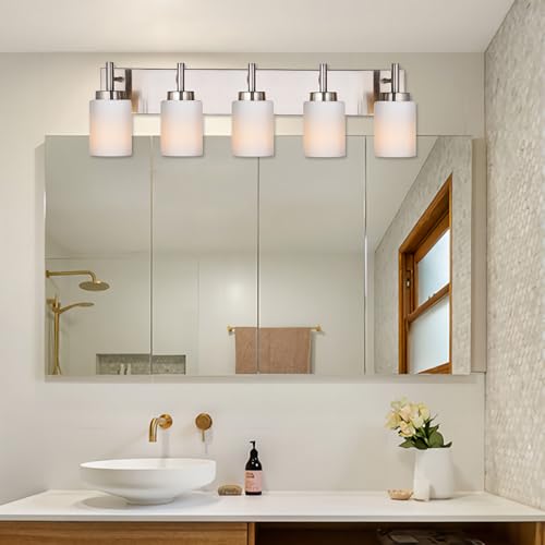 Image of 5 Light Bathroom Light Fixtures in Brushed Nickel Finish Metal Base Wall Mount Lighting with White Glass Shade Bath Wall Sconces for Mirror, Kitchen,Hallway