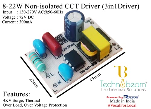 Image of TECHNOBEAM 15 Watt to 22 watt CCT 3 in 1 driver for Panel Light, surface Light, down light, 3 colour changing driver BIS Certified Non isolated Driver, (15W-22W, 300 mA, Pack of 1)