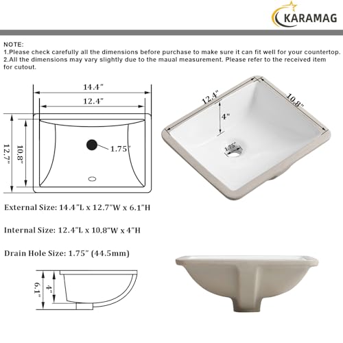 KARAMAG 14 Inch Small Undermount Bathroom Sink Rectangle Undermount Sink White Ceramic Under Counter Bathroom Sinks with Overflow (14.4"x12.7") - Thumbnail 6