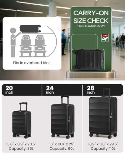 Image of Joyway Luggage Set 3 Piece Top Opening Suitcase Set with Spinner Wheel and TSA Lock, PC Hard Shell Carry on Luggage with Front Pocket for Woman Men (Black)