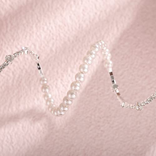 Xerling Dainty Crystal Multi Row Bracelets Faux Pearl Bracelets For Women Rhinestones Hand Chain Jewelry Wrist Bangle Bracelets For Girls Elastic Silver Bracelets (Type B) #TOP30