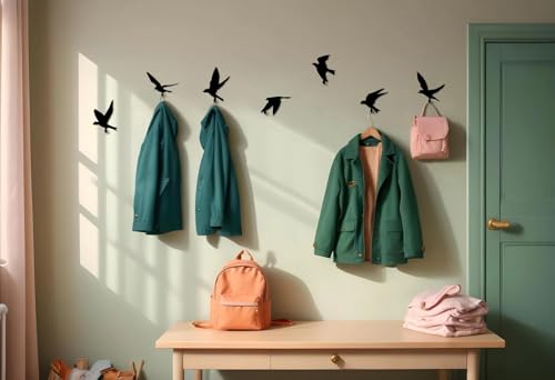 Image of Bird Wall Art Hooks - Set of 7 Metal Decorative Bird Hooks for Wall, Key Holder & Clothes Hanger - Laser Cut, Powder Coated, Heavy Duty, Rustic Home Decor for Living Room & Entryway