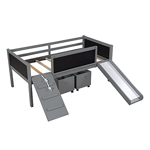 Twin Loft Bed For Kids Toddlers, Wood Low Loft Bed With Slide/Chalkboard/Two Storage Boxes/Climbing Rope/Climbing Frame, 4 Colors For Girls And Boys (Gray+Climbing Frame) #TOP3