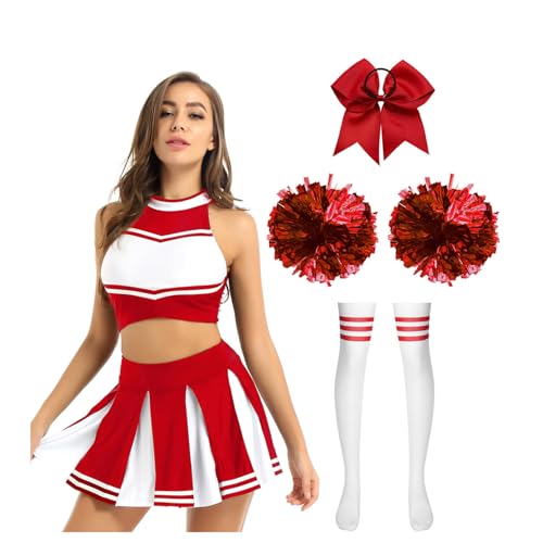 Yruioon 5Pcs Damen Cheer Leader Kostüm Cheerleading Uniform Crop Top mit Minirock Zubehör Cheer Outfits Halloween Karneval Fasching Tanzkostüm A...