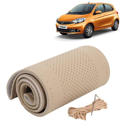 Image of KINGSWAY PU Leatherite Car Steering Cover Sewable Compatible with Tata Tiago (Year 2020 Onwards), Beige Color with Beige Thread, Pack of 1 with Sewing Needle and Thread
