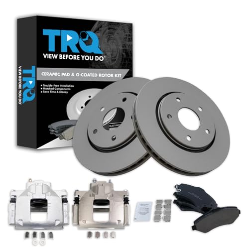 TRQ Front Ceramic Brake Pad, Coated Rotor & Caliper Kit Compatible with Dodge Caravan Routan