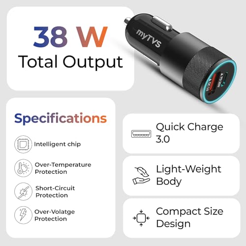 Image of myTVS 38W Fast Car Charger with Dual Output (Type C PD 20W & USB Qualcomm 3.0) with 3-in-1 Charging Cable, Quick Charge, Short-Circuit Protection, LED, Compatible with iPhone, Android, Tablet
