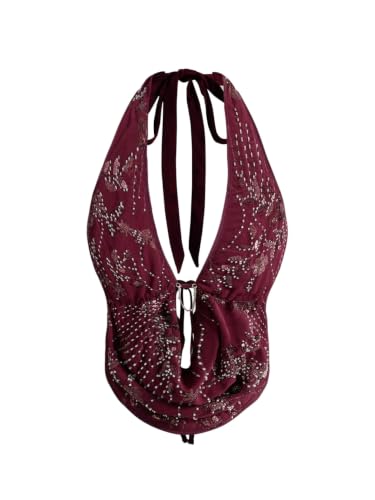 Verdusa Women's Cheetah Print Sequin Halter Top Y2K Going Out Crop Tops