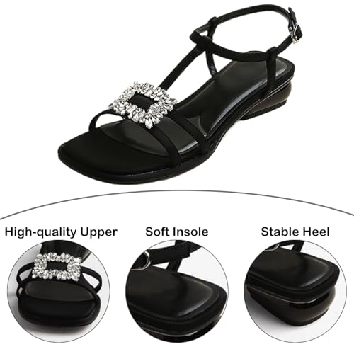 Women's Leather Rhinestone Square Buckle Block Heel Sandals Fashion T-Strap Square Open Toe Slingback Adjustable Ankle Buckle Low Chunky Heel Dress Sandals for Summer Wedding Party3