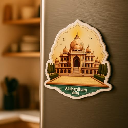 Image of Naxon Akshardham Delhi Theme Souvenir Wooden Fridge Magnet for Refrigerator - Printed Fridge Magnet for Kitchen & Home Decor | Perfect Souvenir Gift | Size 3x3 in | Pack of 1