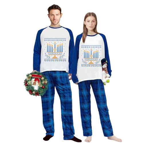 iHapHap Happy Hanukkah Pin Seamless Candle Blue Christmas Matching Pajamas Set(3XL,Dad)