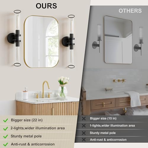 Image of Black Wall Sconces, Set of 2, 22'' Modern Vanity Lights Fixture for Bathroom with Clear Glass, Wall Sconces Lighting, for Living Room /Bathroom Hallway Mirror /Bedroom (Bulbs Not Included)