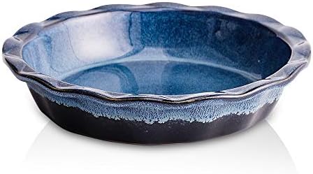 KOOV Ceramic Pie Pan, 9 Inches Pie Plate, Pie Dish for Dessert Kitchen, Round Baking Dish Pan for Dinner, Wrapping Upgrade, Reactive Glaze (Nebula Blue)