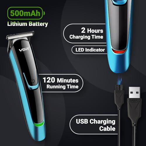 Image of VGR V-183 Professional Trimmer for Men | 120 Min Runtime, Corded & Cordless Use, 5 Length Settings, LED Display with USB Charging (Blue)