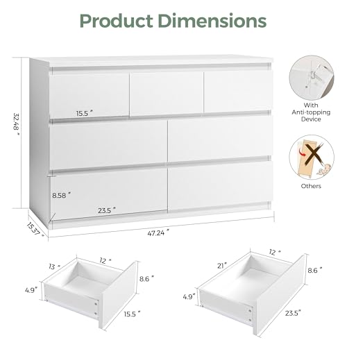 Jocoevol Modern White 7 Drawer Dresser for Bedroom, Simply Chest of Drawers, Wood Storage Dresser with Deep Drawers for Living Room Hallway Entryway, White by Jocoevol - Image 2