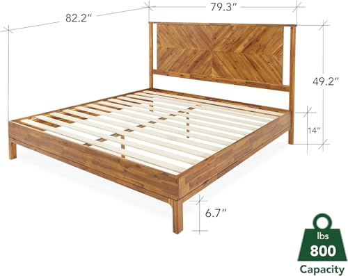 Image of Bme Vivian 14 Inch Deluxe Bed Frame with Headboard, Rustic & Scandinavian Style with Solid Acacia Wood, No Box Spring Needed, 12 Strong Wood Slat Support, Easy Assembly, King, Rustic Golden Brown