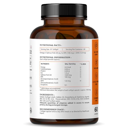 Nirvasa Omega-3 Salmon Fish Oil Capsules (1000mg, 2x60 Softgels) | High-Potency 180mg EPA & 120mg DHA | Supports Heart, Brain, Eye & Bone Health | No Fishy Burps | For Men & Women – Pack of 2