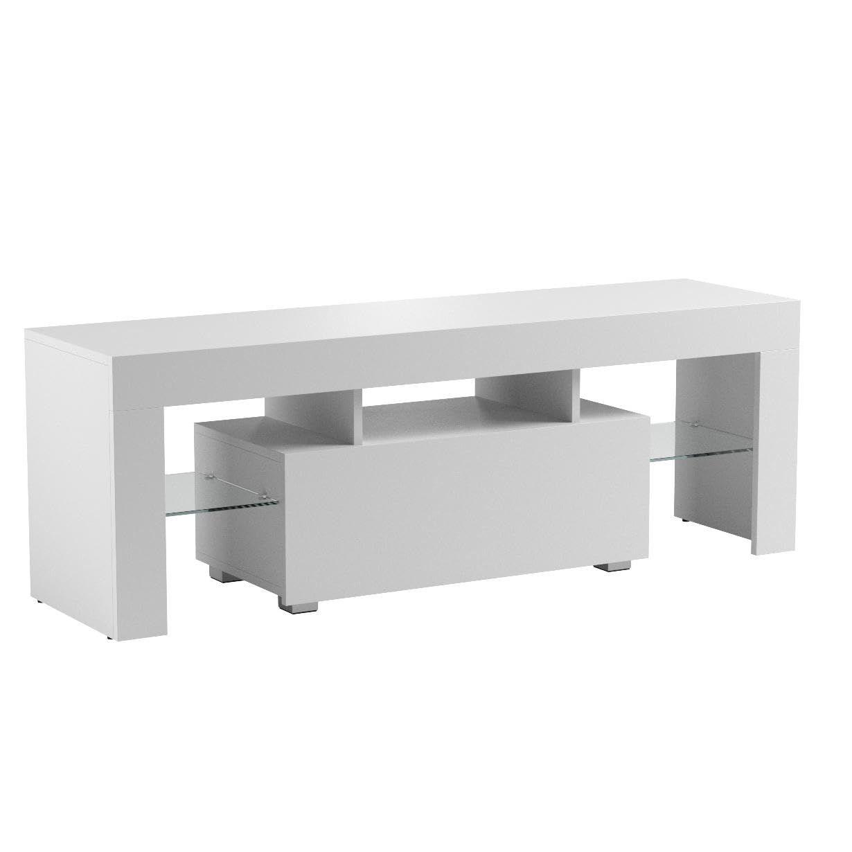 [en.casa] Mobile Porta TV con Illuminazione LED RGB con 2 Ripiani Mensole in Vetro e Scomparti Stand TV Multimediale con Luci e Cassetto 130 x 35 x 45 cm - Bianco