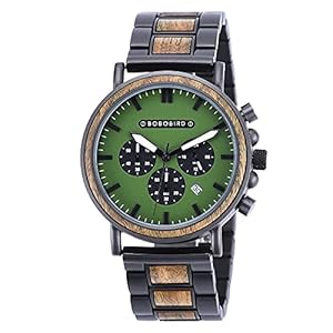 BOBO BIRD Fashion Stainless Steel Combined Chronograph Mens Wooden Watches Analog Quartz Casual Wood Wrist Watch for Men Father’s Day Christmas Gift (Black)