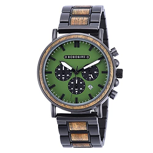 BOBO BIRD Fashion Stainless Steel Combined Chronograph Mens Wooden Watches Analog Quartz Casual Wood Wrist Watch for Men Father's Day Christmas Gift (Black)