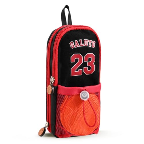 Image of DEOXY Polyester Large Capacity Pencil Pouch with 3 Zippers & 5 Compartments - Waterproof Standing Pencil Case with Metal Zipper + Football Charm & Coin Pouch (Idol), red