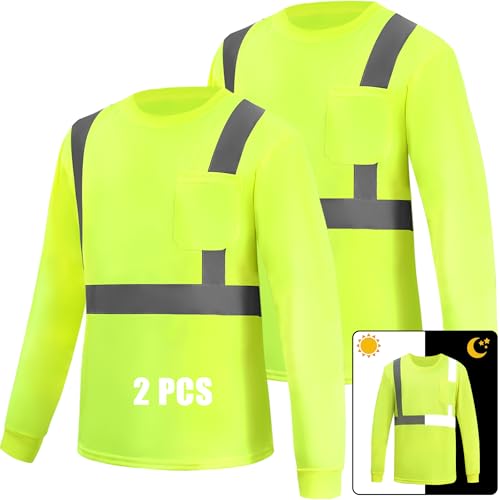 WPLM High Vis Long Sleeve T Shirts Safety Work Shirts Sun Protection Construction Shirts for Men M Yellow 2pcs
