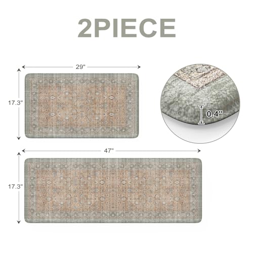 Sungea Kitchen Rugs Sets of 2, Distressed Anti Fatigue Kitchen Mats,Waterproof Non-Slip Kitchen Floor Mats Cushioned,Ergonomic Comfort Foam Standing Desk Mat for Office,Laundry Room,Sink,Counter(Tan)