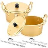Tioncy 2 Set Korean Ramen Pot 2 Ramen Cooking Pot with Lid and Double Handles 2 Spoons 2 Pairs Chopsticks Gold Aluminum Saucepan Noodle Container Fast Heating for Soup Pasta Kitchen Cookware