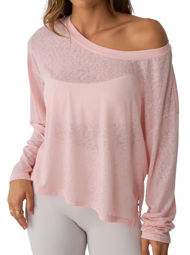 Hilinker Women's Sheer Off The Shoulder Tops Mesh Workout Sexy Long Sleeve T Shirt Pink Medium