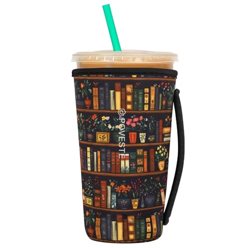 Image of Reusable Neoprene Insulator Sleeve for Iced Coffee & Cold Soda, Coffee Sleeves for Iced & Hot Drinks, Cold Beverage Cooler Compatible with Starbucks, Dunkin (Book&Flower, Large: 32oz)