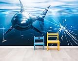 Great White Shark Attack Aquarium Glass Wall Mural. Ocean, Beach Theme Decor. Game Room/Men Cave/Peel and Stick Wallpaper. #6424 (Small Sample to Try)