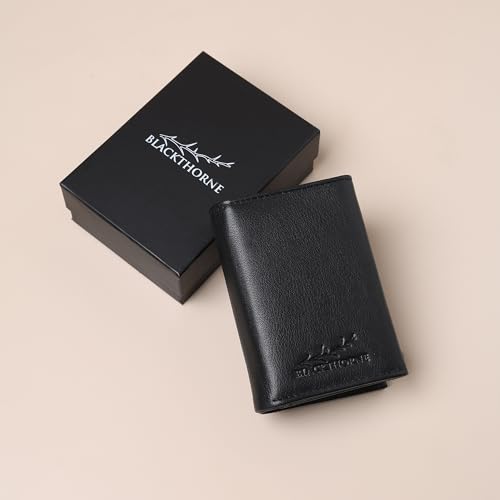 Image of BLACKTHORNE Wallet for Men | RFID Blocking Genuine Trifold Leather Pop-Up Card Holder Wallet | Slim Minimal Design with Aluminium Case Holds 6-8 Cards, Coin Pocket & Magnetic Closure (Black)