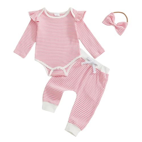 Newborn Baby Girl Clothes Striped Long Sleeve Romper with Pants and Headband Infant 3Pcs Fall Outfits